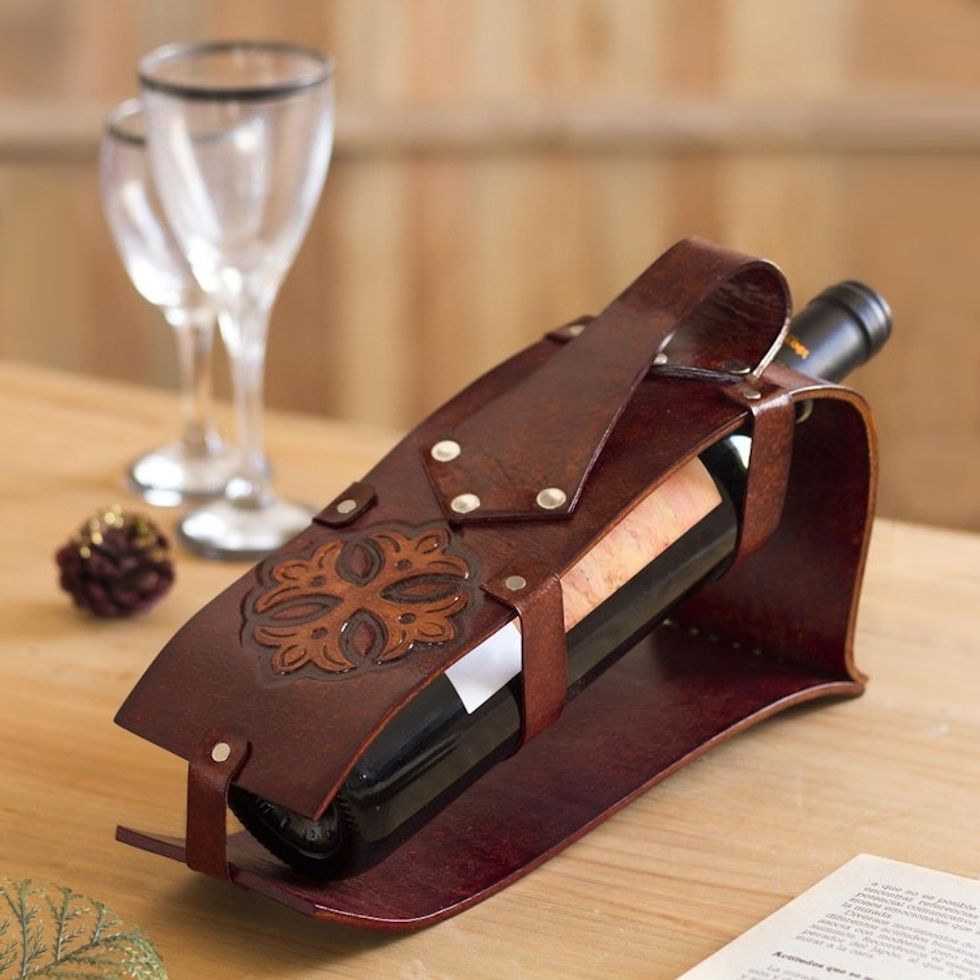 Leather Cross Motif Wine Carrier from Peru 'Gothic Cross'