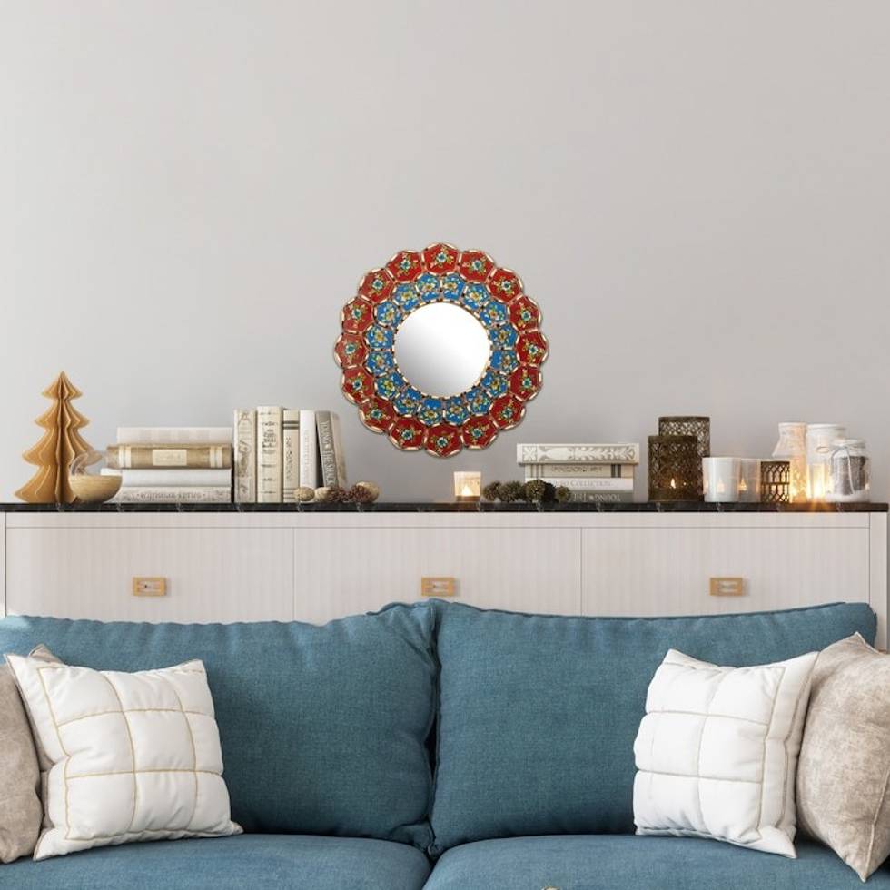 Glass and Wood Wall Mirror with Painted Flowers 'Colorful Arrangement'