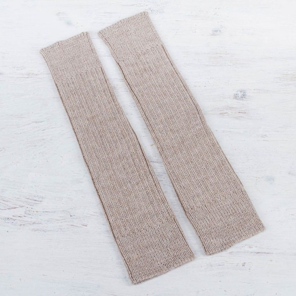Versatile Beige Alpaca Leg Warmers Knitted in Peru 'Beige Winter Dancer'