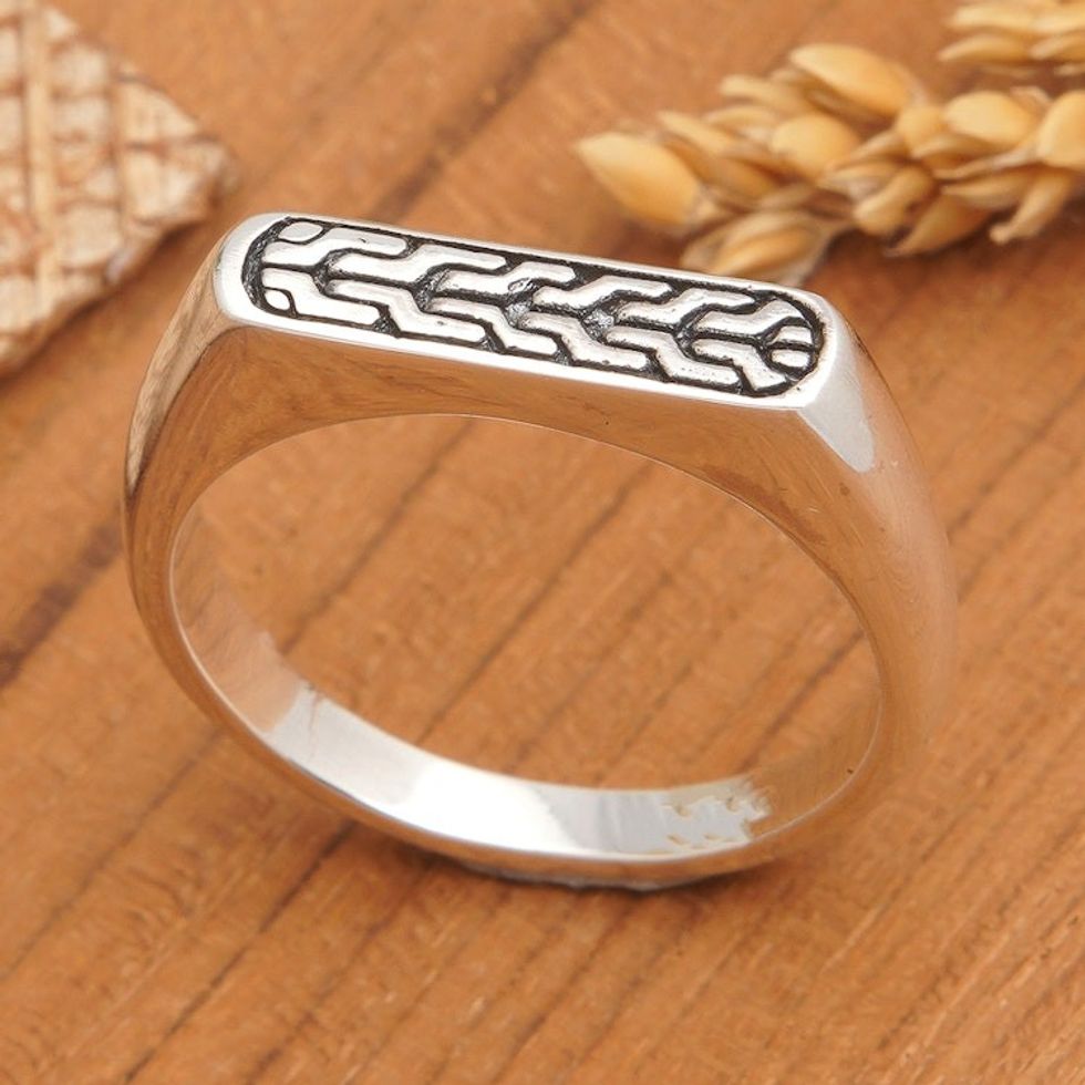 Men's Sterling Silver Band Ring with Geometric Details 'Gallant Hopes'