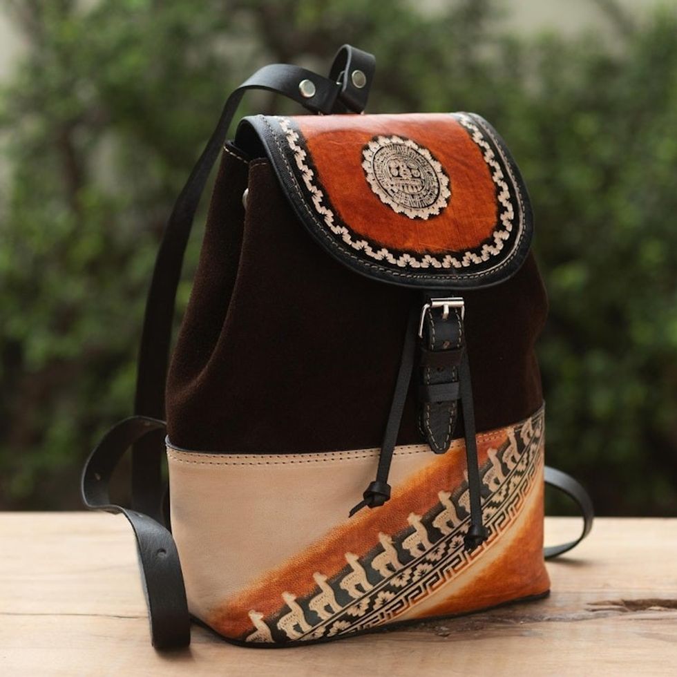 Inca Motif Leather and Suede Backpack 'Road to Machu Picchu'