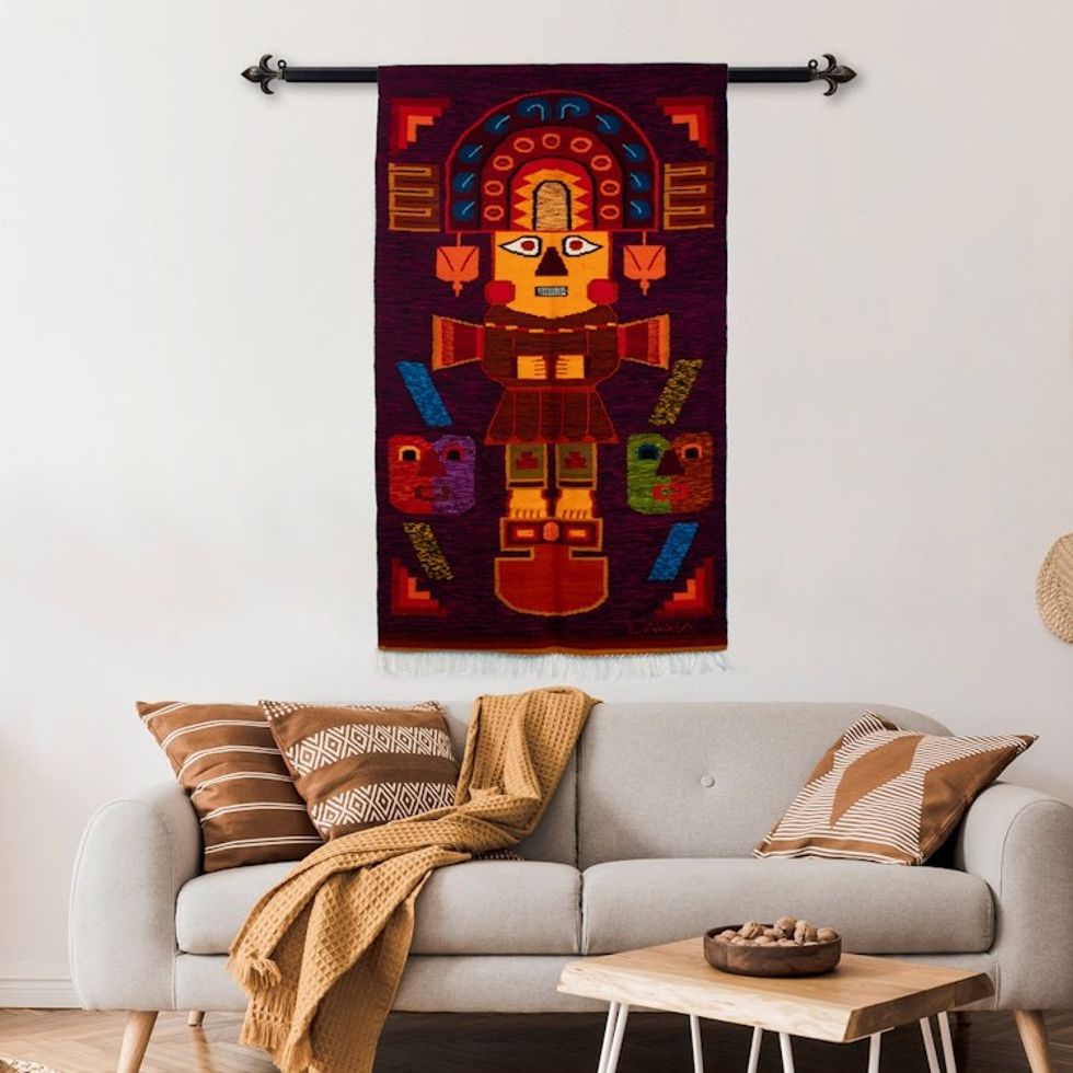 Signed Handwoven Inca Motif 2.5x4.5 Wool Area Rug from Peru 'Tumi Axe'