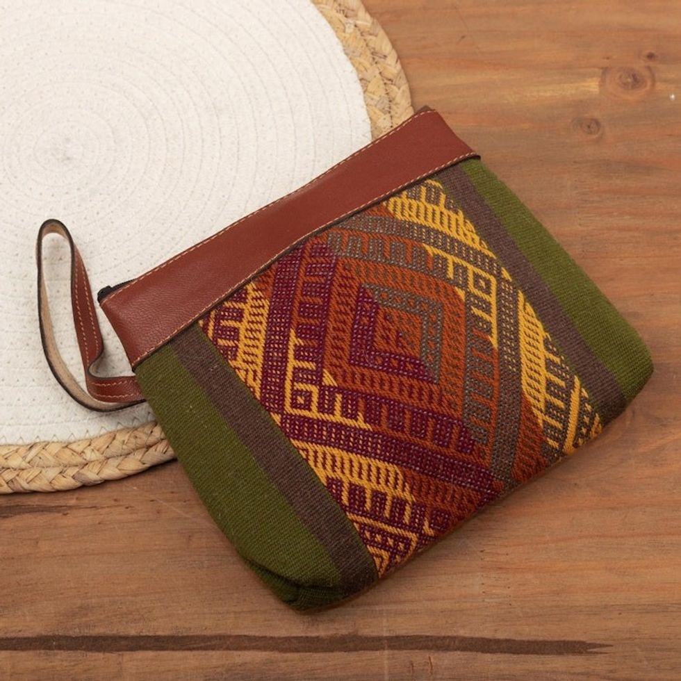 Handloomed Wool Wristlet with Leather Trim 'Traditional Diamonds'