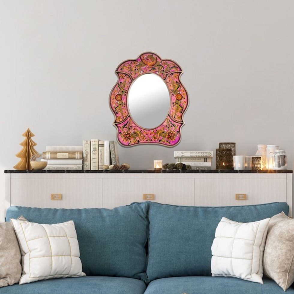 Hand Made Reverse Painted Glass Mirror 'Garden of Love'
