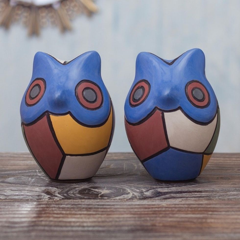 Colorful Ceramic Chulucanas Owl Sculptures Pair 'Cubist Owls in Blue'