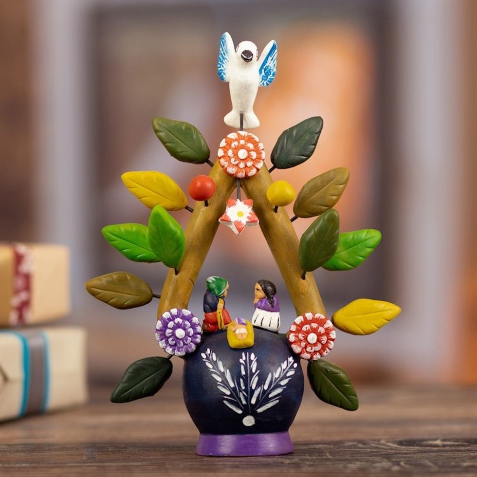 Folk Art-Inspired Hand-Painted Leafy Ceramic Nativity Scene 'Holy Birth I'