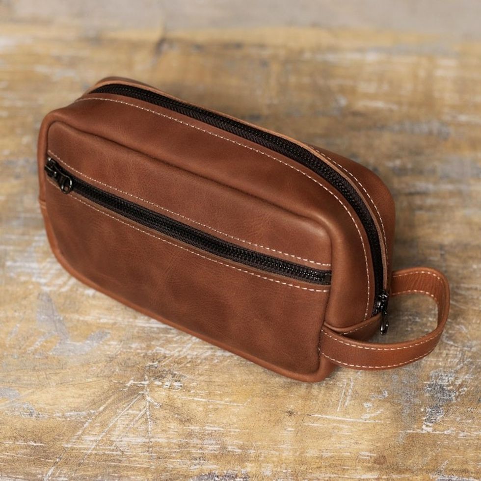 Men's Camel Brown Leather Toiletry Case from Peru 'Adventurer in Camel'