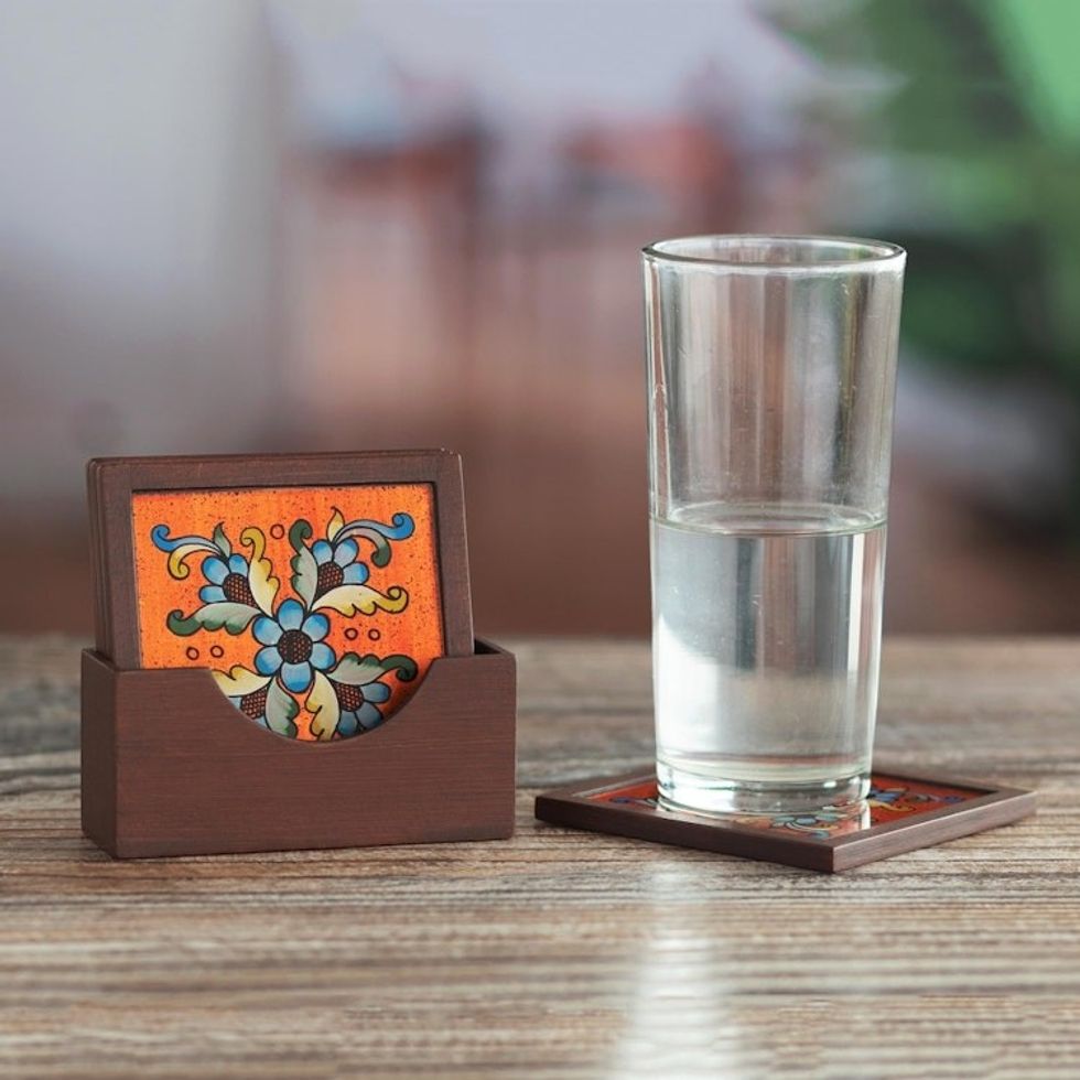Artisan Crafted Glass and Wood Coasters Set of 4 'Morning Flowers'