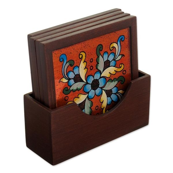 Alternate image for Artisan Crafted Glass and Wood Coasters Set of 4 Morning Flowers