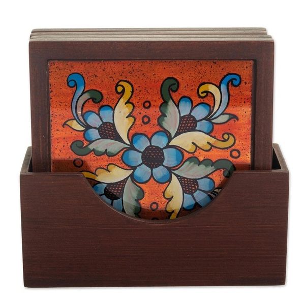 Alternate image for Artisan Crafted Glass and Wood Coasters Set of 4 Morning Flowers