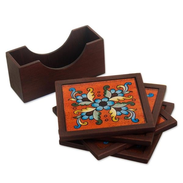 Alternate image for Artisan Crafted Glass and Wood Coasters Set of 4 Morning Flowers