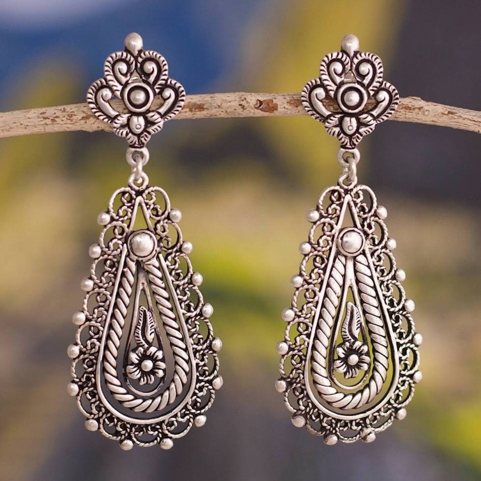 Artisan Crafted Silver Filigree Dangle Earrings from Peru 'Magnificent Design'