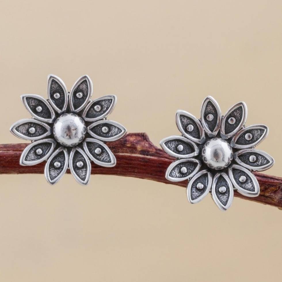 Sterling Silver Floral Stud Earrings from Peru 'Spreading Lotus'