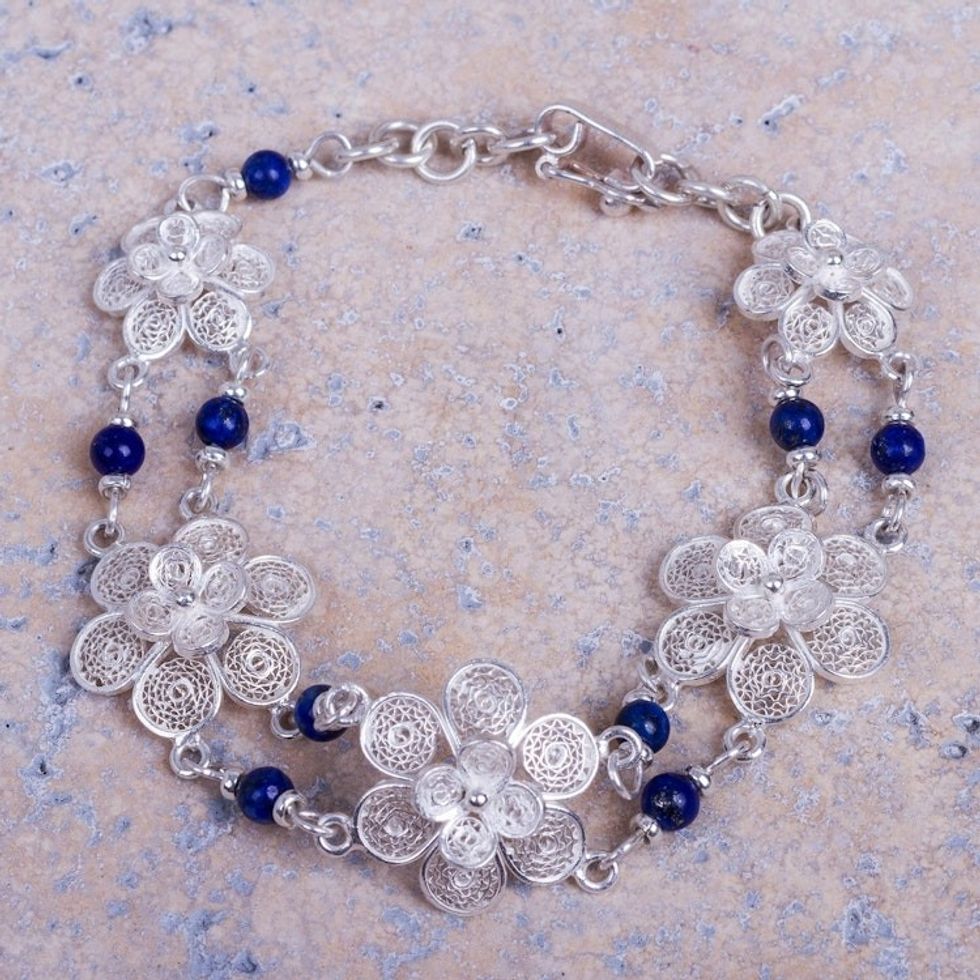 Sterling Silver Filigree and Lapis Lazuli Bracelet 'Garlands'
