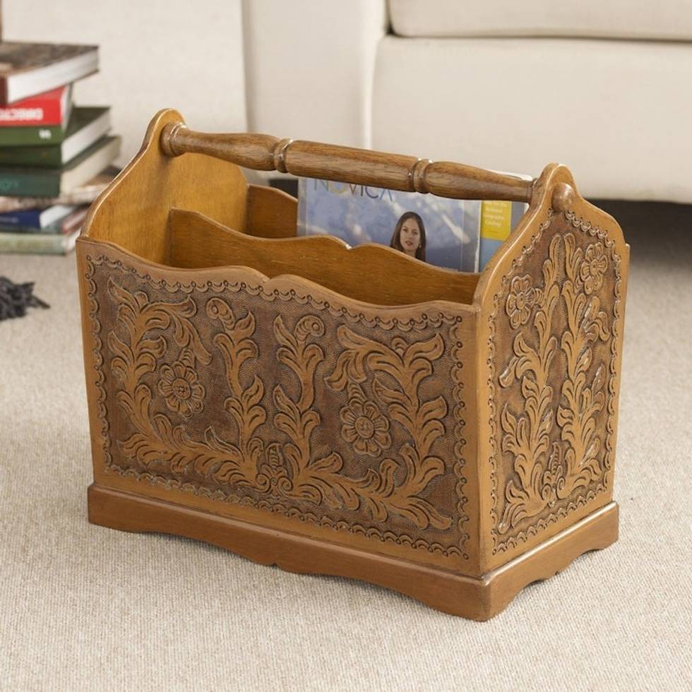 Floral Leather Wood Hand Tooled Magazine Rack 'Colonial Iquilla Flower'