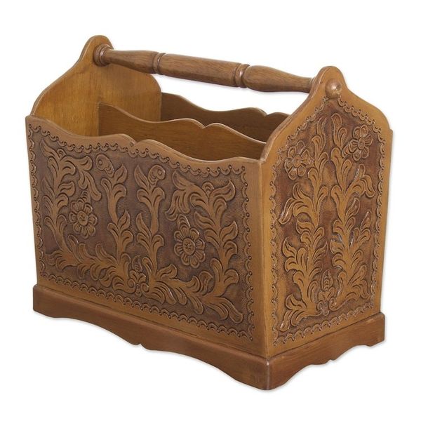 Alternate image for Floral Leather Wood Hand Tooled Magazine Rack Colonial Iquilla Flower