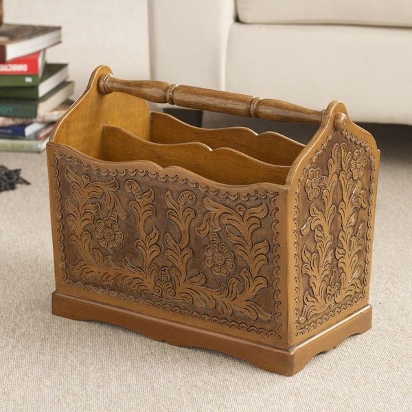 Alternate image for Floral Leather Wood Hand Tooled Magazine Rack Colonial Iquilla Flower
