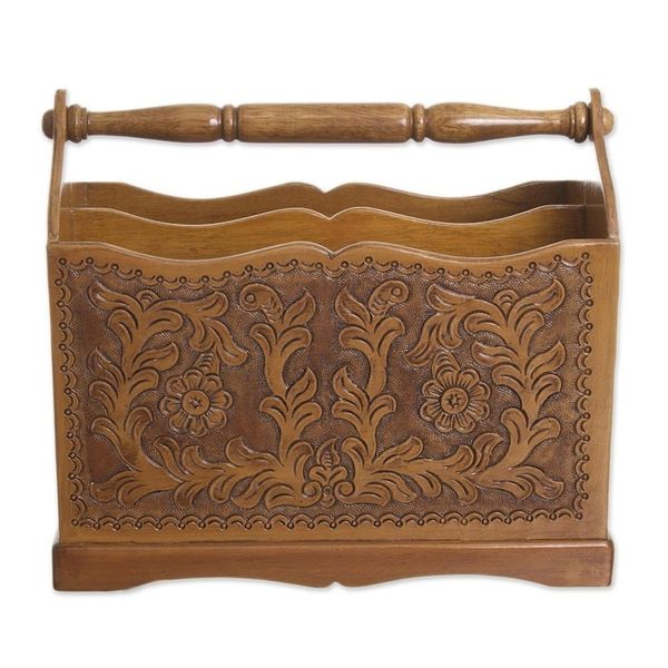 Alternate image for Floral Leather Wood Hand Tooled Magazine Rack Colonial Iquilla Flower