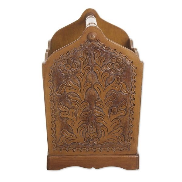 Alternate image for Floral Leather Wood Hand Tooled Magazine Rack Colonial Iquilla Flower