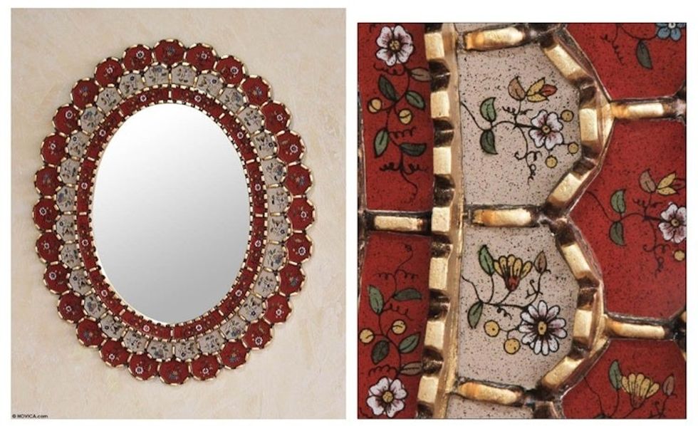 Reverse Painted Glass Mirror 'Red Floral Halo'
