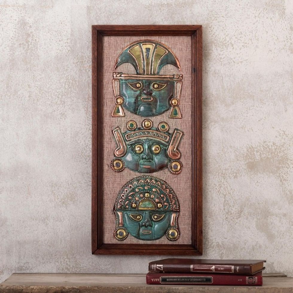 Wood Copper and Bronze Wall Decor With Pre-Inca Faces 'Pre-Inca Warriors'