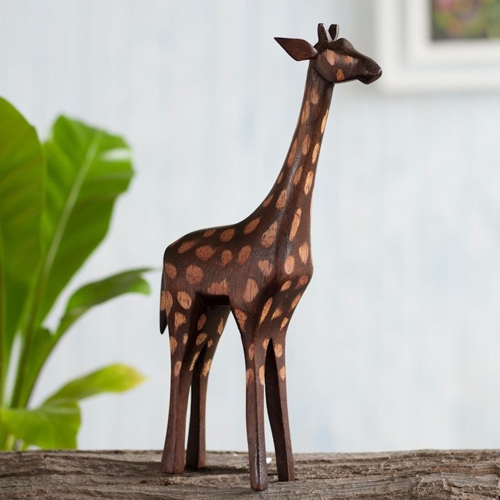 Hand-Carved Cedar Wood Giraffe Sculpture from Peru 'Charming Giraffe'