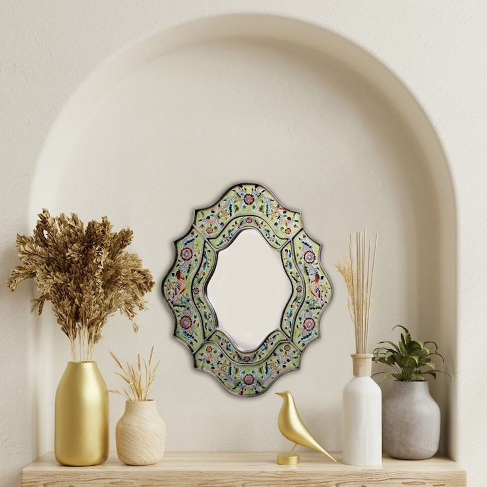 Hand Made Reverse Painted Glass Bird Mirror 'Verdant Spring'