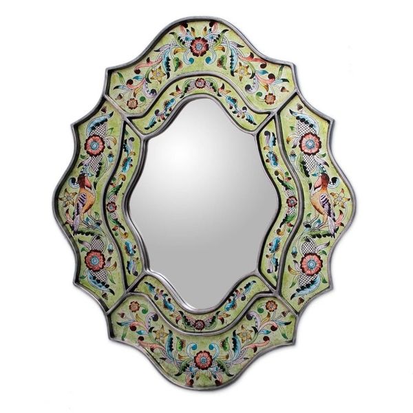 Alternate image for Hand Made Reverse Painted Glass Bird Mirror Verdant Spring