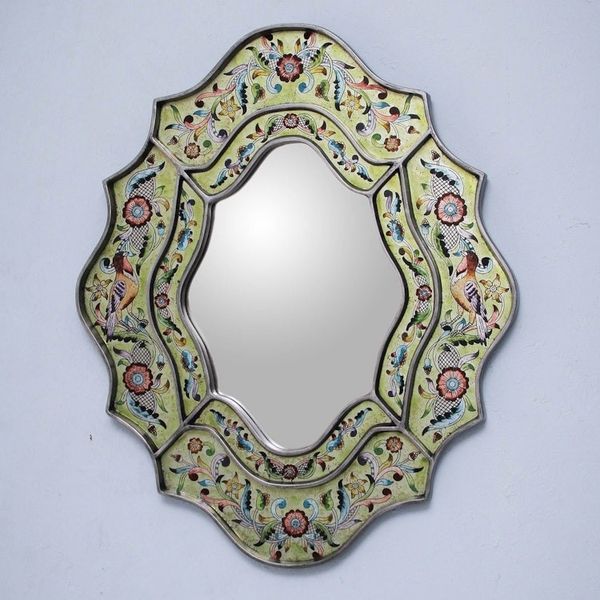 Alternate image for Hand Made Reverse Painted Glass Bird Mirror Verdant Spring