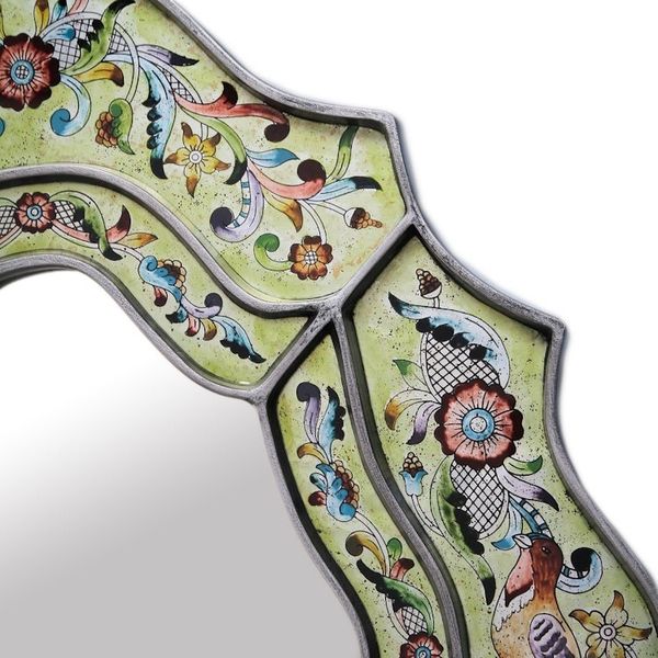 Alternate image for Hand Made Reverse Painted Glass Bird Mirror Verdant Spring