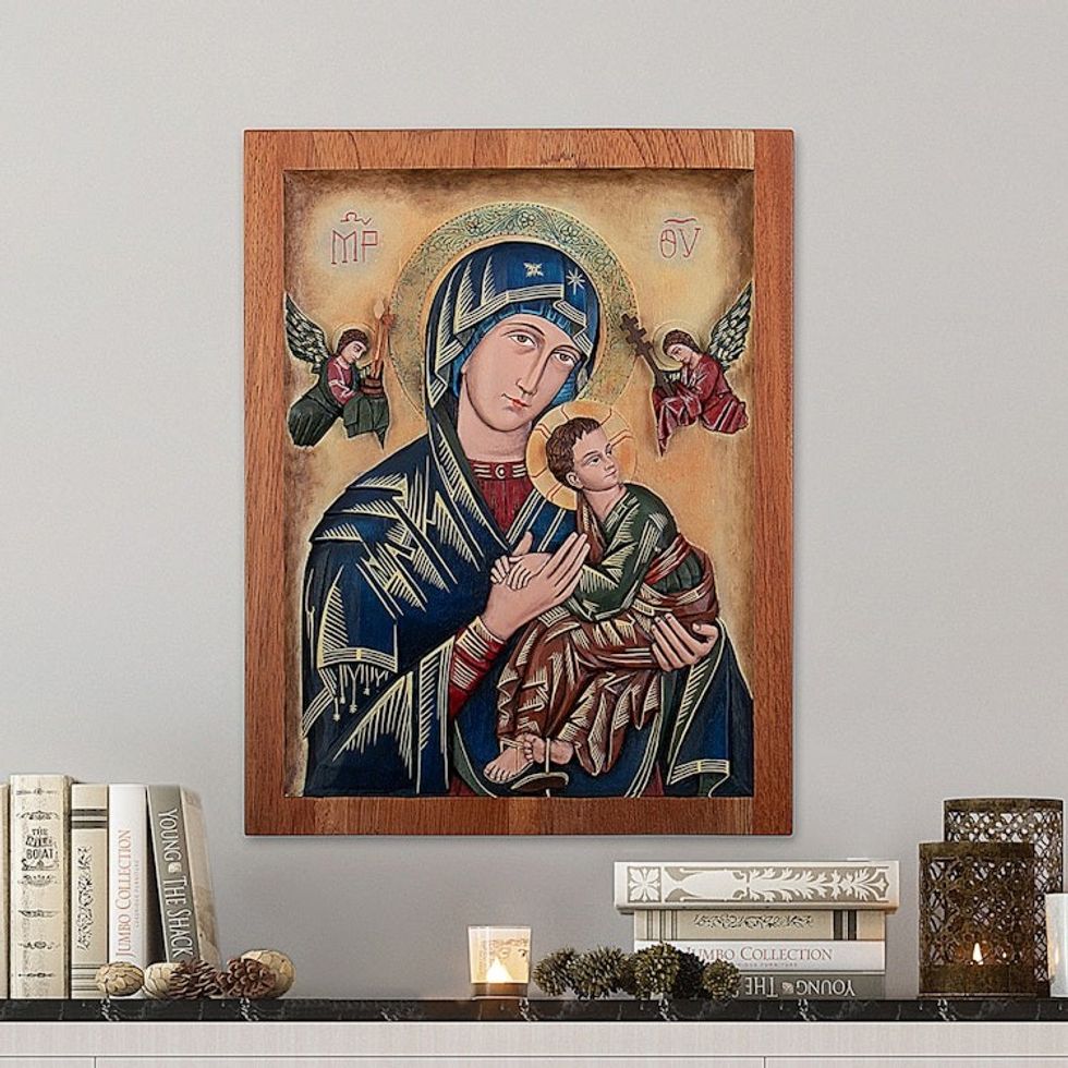 Religious Cedar Wood Relief Wall Panel 'Our Lady of Perpetual Help'