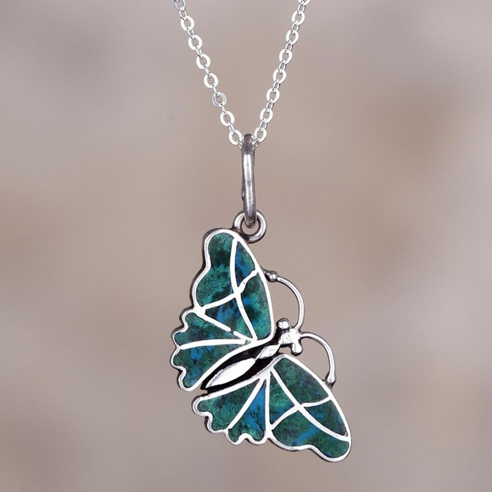 Fair Trade Chrysocolla and Silver Butterfly Pendant Necklace 'Cajamarca Butterfly'