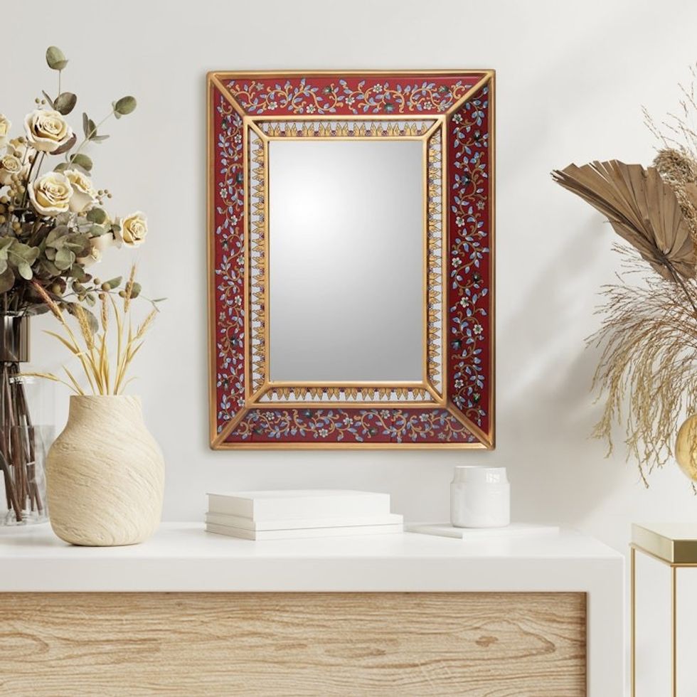 Fair Trade Reverse Painted Glass Mirror 'Bluebells on Scarlet'