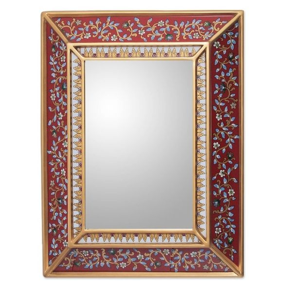 Alternate image for Fair Trade Reverse Painted Glass Mirror Bluebells on Scarlet