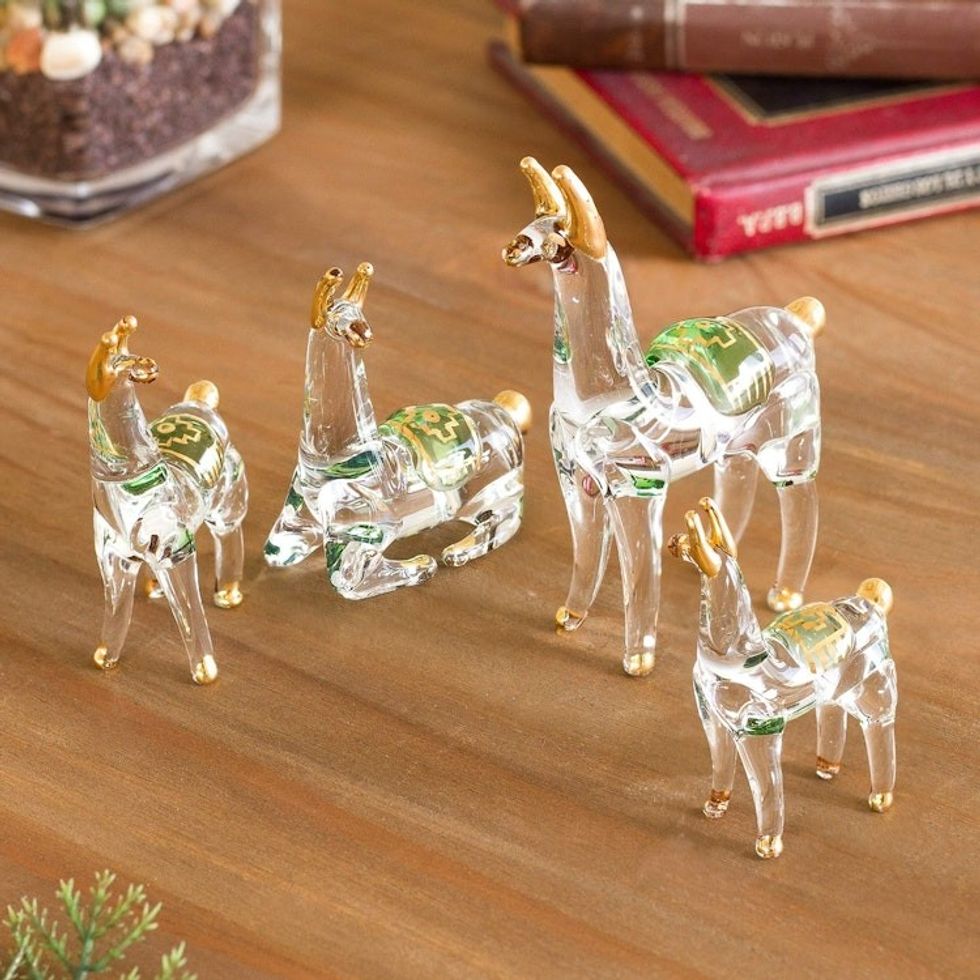 Gilded Clear Glass Llama Figurines from Peru Set of 4 'Llama Family'