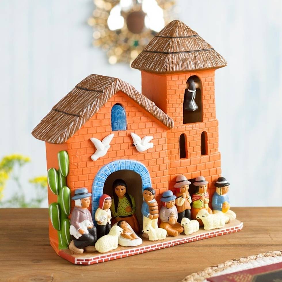 Artisan Crafted Nativity Scene Ceramic Sculpture from Peru 'Birth in the Bell Tower'
