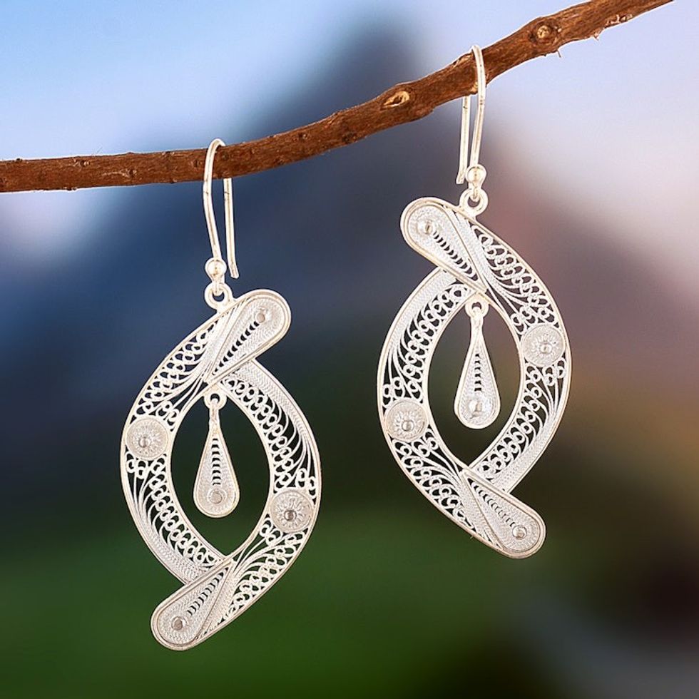 Peruvian Filigree Sterling Silver Dangle Earrings 'Unison'