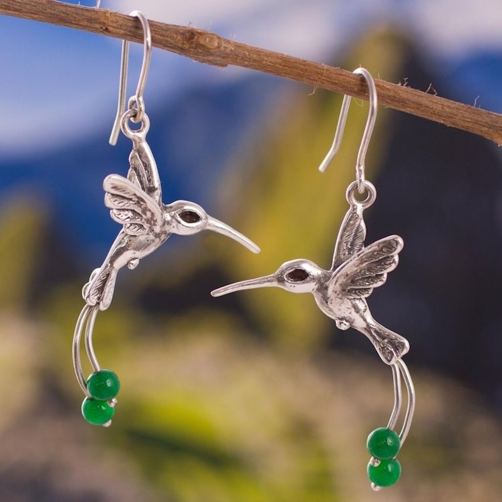 Green Quartz Hummingbird Dangle Earrings from Peru 'Hummingbird Green'