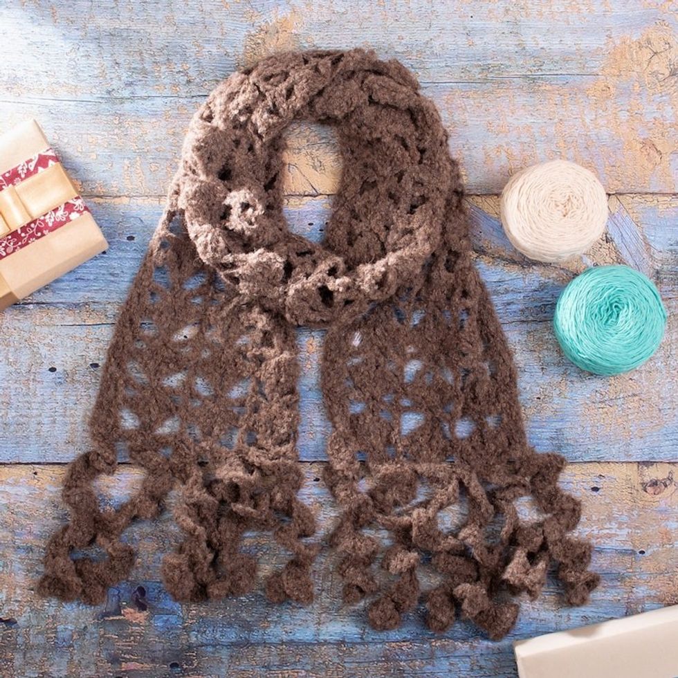 Hand-Crocheted Alpaca Blend Scarf in Chocolate with Frills 'Chocolate Temptation'