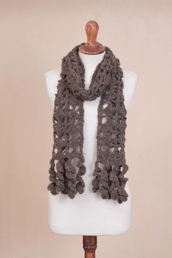 Alternate image for Hand-Crocheted Alpaca Blend Scarf in Chocolate with Frills Chocolate Temptation