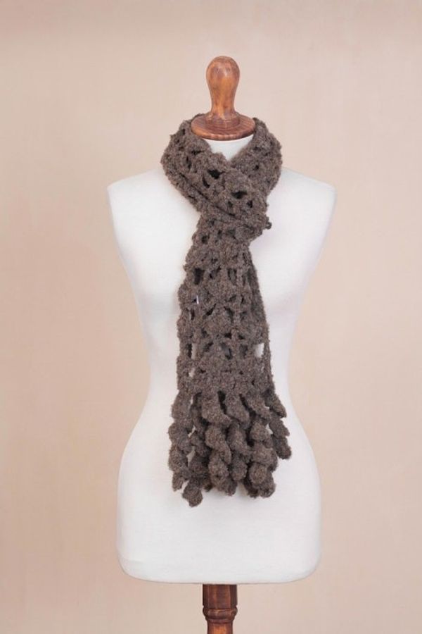 Alternate image for Hand-Crocheted Alpaca Blend Scarf in Chocolate with Frills Chocolate Temptation