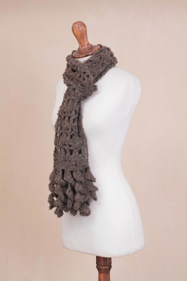 Alternate image for Hand-Crocheted Alpaca Blend Scarf in Chocolate with Frills Chocolate Temptation