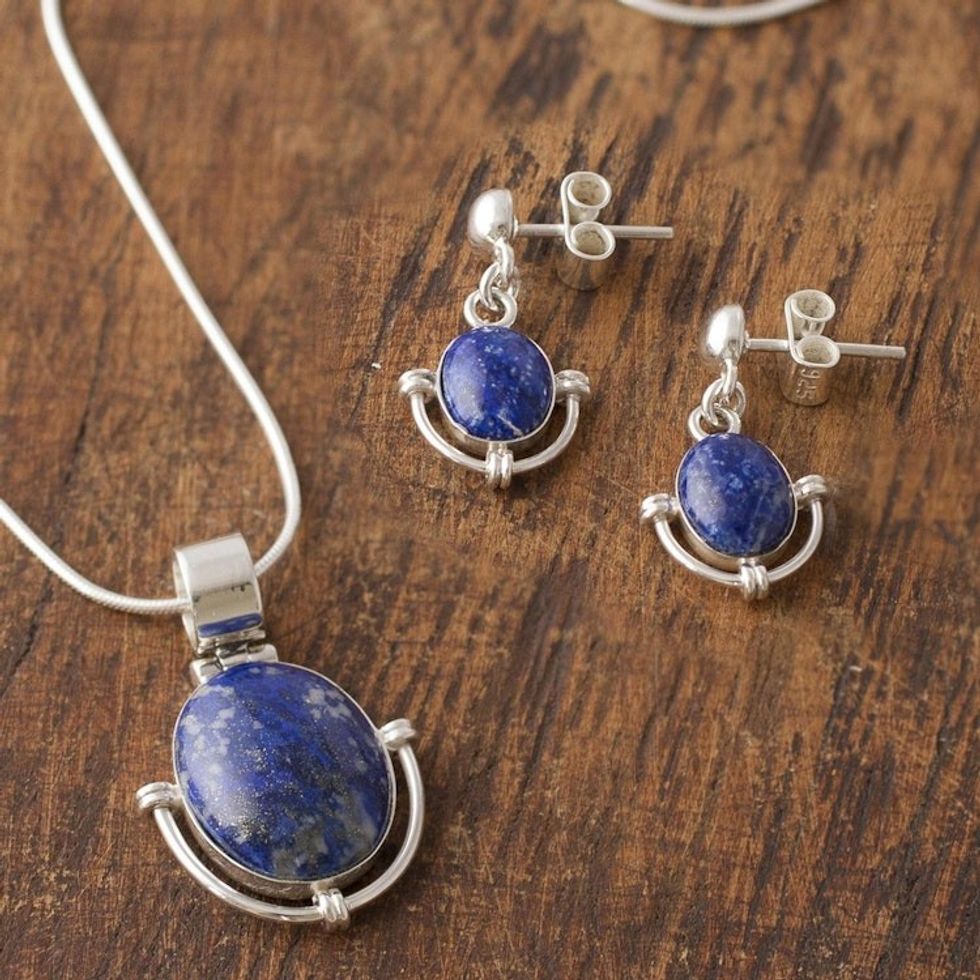 Handcrafted Lapis Lazuli Pendant and Earrings Jewelry Set 'Mystique'