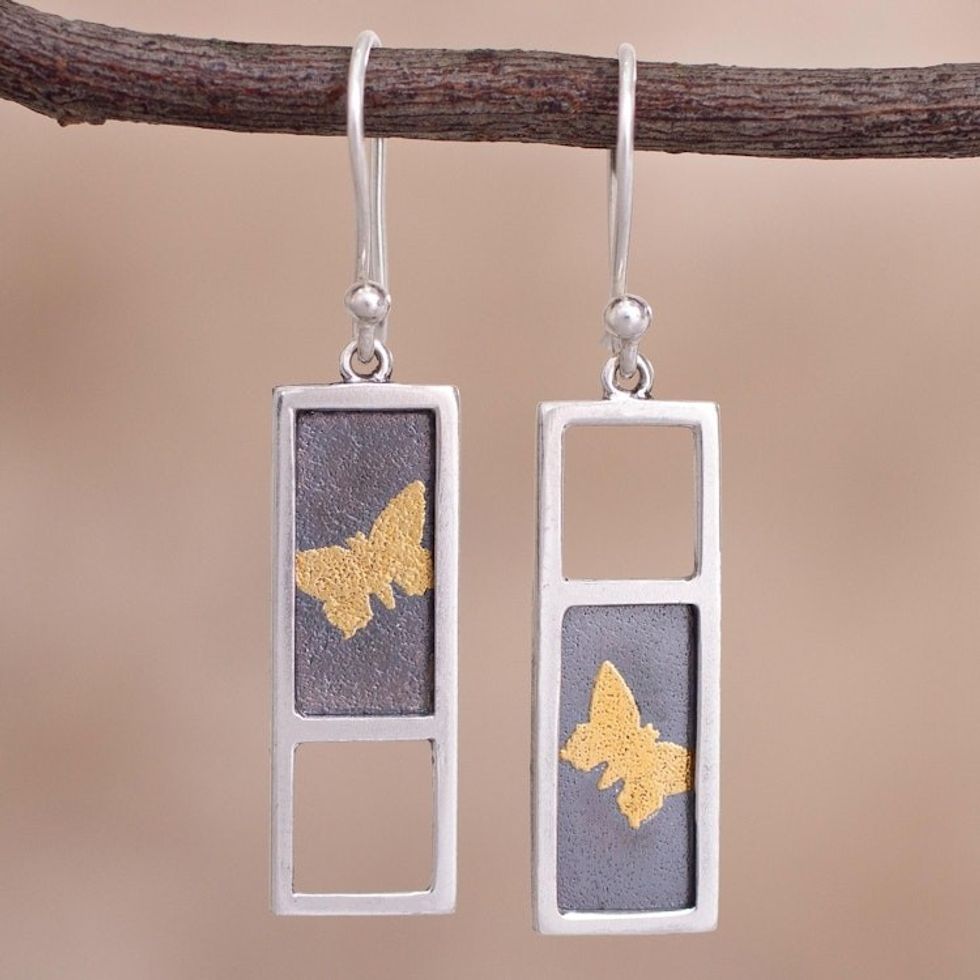 Gold Accent Sterling Silver Butterfly Earrings from Peru 'Golden Butterflies'