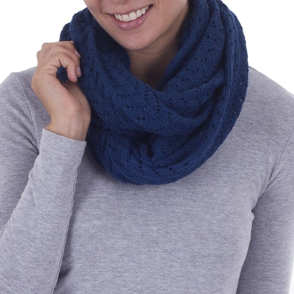 Alpaca Wool Blue Infinity Scarf Knitted in Peru 'Infinitely Blue'