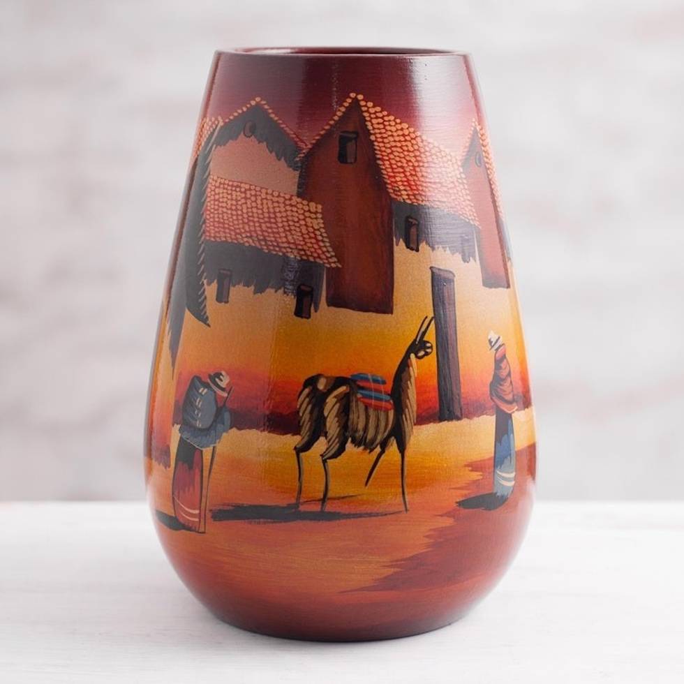 Handcrafted Cuzco Ceramic Vase 'The Streets of Cuzco'