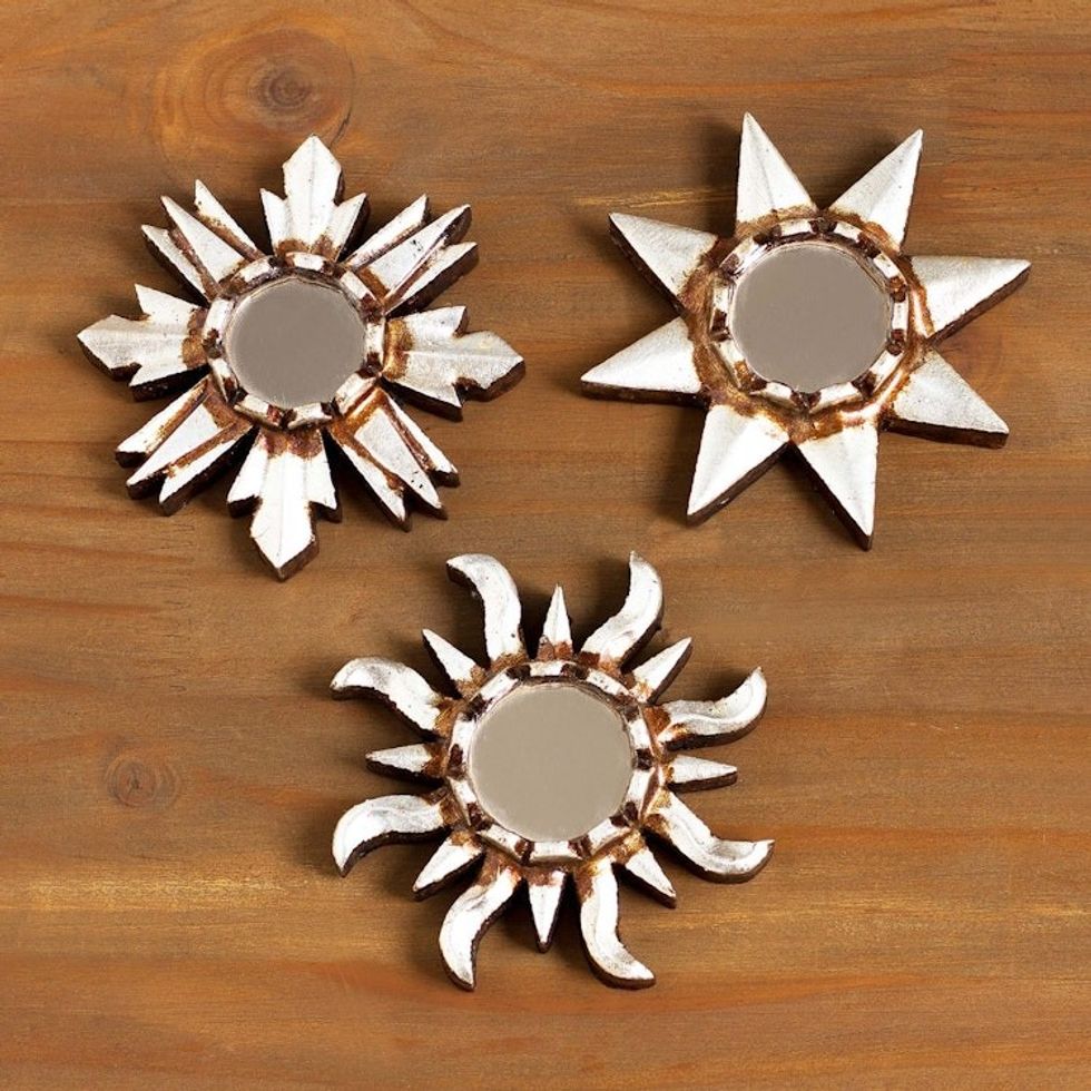Set of 3 Wood Mirror Wall Accents with Silver Aluminum Leaf 'Ancient Suns in Silver'