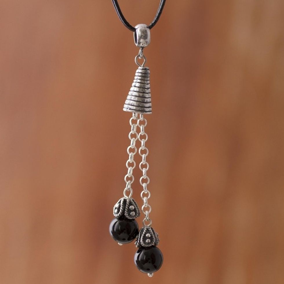 Obsidian Gemstone Pendant Necklace on Cotton Cord from Peru 'Floral Pendulums'