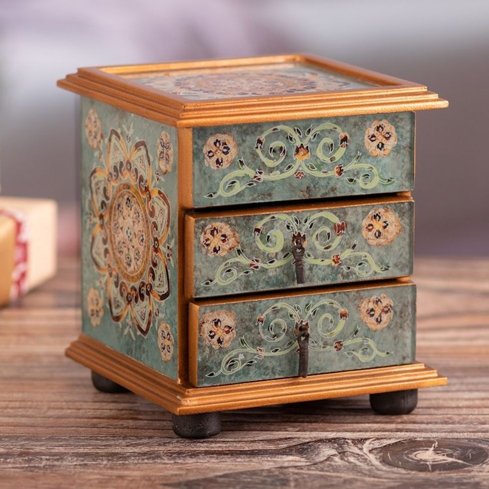 Floral Reverse Painted Glass Jewelry Box in Blue from Peru 'Aqua Mandala'