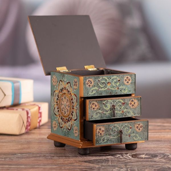Alternate image for Floral Reverse Painted Glass Jewelry Box in Blue from Peru Aqua Mandala